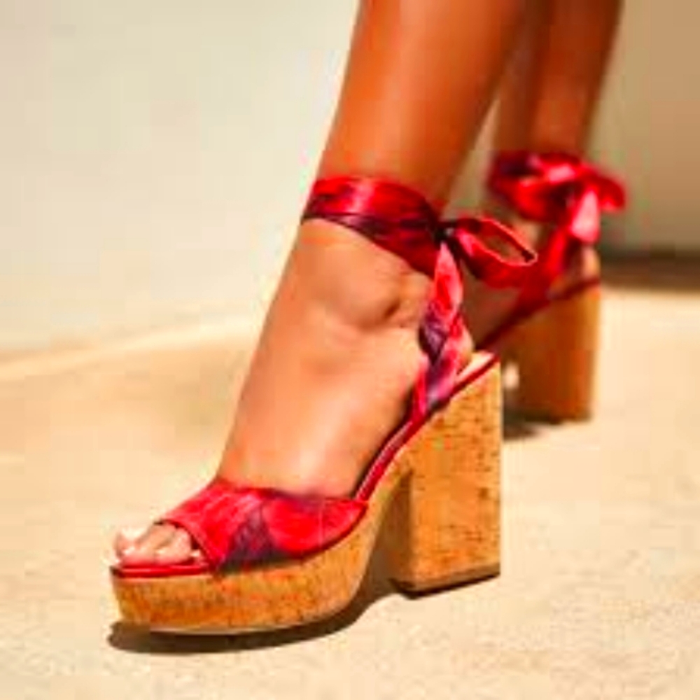 Shoedazzle Bertena dress block heeled sandal with red floral pattern in fuschia